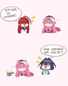 Rule 34 | 3girls, ahoge, animal ears, beret, blue hair, bow, brooch, chain, commentary, elizabeth rose bloodflame, elizabeth rose bloodflame (1st costume), english commentary, english text, fire, food, hair intakes, hairband, hat, highres, hololive, hololive english, jacket, jewelry, long hair, multicolored hair, multiple girls, open mouth, ouro kronii, ouro kronii (1st costume), panther ears, panther girl, panther tail, pasta, pink hair, raora panthera, raora panthera (1st costume), red hair, sappysque, short hair, smile, streaked hair, tail, virtual youtuber, white hair