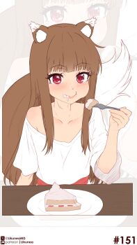 1girl absurdres animal_ears bare_shoulders blunt_bangs blush brown_hair cake collarbone commentary cream cream_on_face eating english_commentary food food_on_face fork highres holding holding_fork holo likunea long_hair looking_at_viewer off_shoulder patreon_logo patreon_username plate red_eyes shirt smile solo spice_and_wolf tail twitter_username twitter_x_logo white_shirt wolf_ears wolf_girl wolf_tail zoom_layer