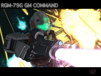 Rule 34 | aiming, assault visor, beam rifle, bottoms1237, commentary request, earth federation, energy gun, explosion, fighting, firing, gm command, gm command space type, green visor, gun, gundam, gundam 0080, highres, holding, holding gun, holding weapon, looking to the side, mecha, mecha focus, mobile suit, no humans, robot, science fiction, space, standing, weapon