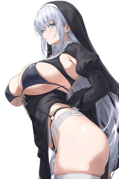 1girl bikini bikini_under_clothes black_bikini black_dress blue_eyes bra breasts closed_mouth commentary_request cross dress earrings from_side garter_belt garter_straps grey_eyes groin guchico guimpe jewelry juliet_sleeves lace_garter_belt large_breasts light_blush long_hair long_sleeves looking_at_viewer mole mole_under_eye nun nun_headdress o-ring original pelvic_curtain puffy_sleeves revealing_clothes sideboob sidelocks solo swimsuit thick_thighs thighhighs thighs underboob underwear very_long_hair white_garter_belt white_garter_straps white_thighhighs