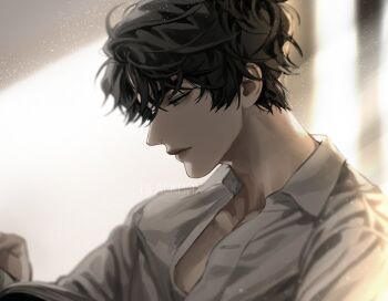 1boy aegyo_sal backlighting bags_under_eyes black_eyes black_hair blackbox_(blackbox9158) book exhausted hair_between_eyes holding holding_book light_rays male_focus omniscient_reader&#039;s_viewpoint open_book partially_open_shirt shirt short_hair solo upper_body white_shirt yoo_joonghyuk