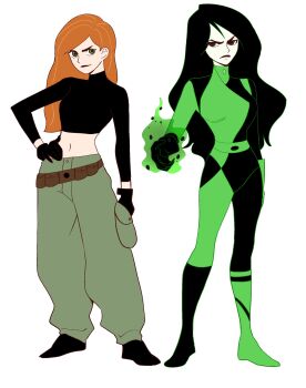 2girls belt black_bodysuit black_gloves black_hair black_shirt bodysuit closed_mouth commentary crop_top full_body gloves green_bodysuit green_eyes green_pants hand_on_own_hip highres inu_draw kim_possible kim_possible_(series) long_hair looking_to_the_side multicolored_bodysuit multiple_girls orange_hair pants shego shirt simple_background smile two-tone_bodysuit white_background