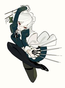 1girl absurdres apron arm_up black_dress black_pantyhose black_shoes bow closed_mouth dee_(tannsumi) dress green_bow hair_between_eyes hair_bow highres holding holding_knife izayoi_sakuya knee_up knife long_sleeves maid_headdress pantyhose puffy_sleeves red_eyes shoes simple_background smoke solo thighband_pantyhose touhou white_apron white_background white_hair