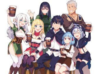 Rule 34 | 2boys, 5girls, belt, black belt, black capelet, black hair, black hood, black pants, blonde hair, blue eyes, blue hair, boots, bra, breasts, brown boots, brown corset, capelet, cleavage, closed eyes, closed mouth, clothing cutout, collared shirt, commentary request, corset, crossed arms, danan lebeau, dress, drink, elf, fold-over boots, green shirt, grin, highres, holding, holding drink, long hair, long sleeves, looking at viewer, medium breasts, midriff, multiple boys, multiple girls, navel, official art, open mouth, pants, pelvic curtain, pointy ears, red (shin no nakama), red eyes, red scarf, red trim, rit (shin no nakama), ruti ragnason, scarf, shin no nakama janai to yuusha no party wo oidasareta no de henkyou de slow life suru koto ni shimashita, shirt, short hair, shoulder cutout, simple background, sitting, smile, suspenders, tankard, theodora dephilo, thighhighs, tisse garland, underwear, upper body, white background, white hair, white shirt, white thighhighs, yarandrala, yasumo (kuusouorbital)