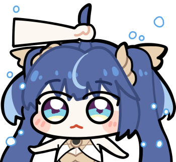 1girl 1other :&lt; ahoge ahoge_grab blue_eyes blue_hair breasts cleavage closed_mouth commentary english_commentary gold_bra iuno_(wuthering_waves) long_hair medium_breasts multicolored_hair simple_background streaked_hair twintails twomoon upper_body white_background wuthering_waves