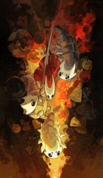 arthropod_girl baby_animal beastling_(hollow_knight) bell black_eyes black_skin cloak colored_skin full_body highres hollow_eyes hollow_knight hollow_knight:_silksong horned_mask hornet_(hollow_knight) horns looking_at_another mask mistyabyss needle_(hollow_knight) no_humans no_mouth red_cloak thread too_many_bells weapon weapon_on_back white_mask