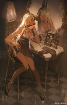 1girl animal_ears anklet armchair bag bangle bare_arms bare_shoulders black_dress black_gloves black_hair black_shoes blue_eyes bracelet breasts center-flap_bangs chair checkered_floor chinese_commentary cleavage cosmetics dark-skinned_female dark_skin different_reflection dress elbow_gloves empire_waist eyeshadow fingernail_gloves full_body gloves gold_choker handbag head_chain head_rest highres holding holding_lipstick_tube indoors jackal_ears jewelry knees_together_feet_apart lamp lapels large_breasts light_particles lipstick lipstick_tube long_hair makeup mirror multicolored_hair multiple_bracelets nail_polish non_anonymous_instruction note orange_nails red_eyes reflection shoes short_dress sleeveless sleeveless_dress solo split-color_hair table tumeii unworn_bracelet unworn_earring unworn_gloves unworn_jewelry vanity_table watermark weibo_watermark white_eyeshadow white_hair