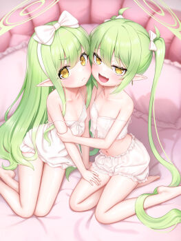 2girls :d ahoge bare_legs bare_shoulders barefoot bloomers blue_archive blush bow bow_hairband breasts camisole cementite closed_mouth collarbone commentary_request fang flat_chest frills green_hair hair_between_eyes hair_bow hairband halo highres hikari_(blue_archive) long_hair looking_at_viewer multiple_girls navel nozomi_(blue_archive) on_bed open_mouth pillow pointy_ears sitting small_breasts smile spaghetti_strap strap_slip twintails underwear underwear_only very_long_hair white_bloomers white_bow white_camisole white_hairband yellow_eyes yokozuwari