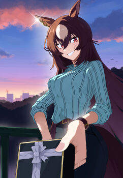 Rule 34 | 1girl, absurdres, animal ears, blue sky, blush, box, breasts, brown hair, casual, cloud, collared shirt, commentary request, ear ornament, gift, gift box, hair between eyes, highres, hitempo, holding, holding box, horse ears, horse girl, horse tail, large breasts, long hair, long sleeves, looking at viewer, multicolored hair, open mouth, outdoors, pants, reaching, reaching towards viewer, red eyes, shirt, sirius symboli (casual) (umamusume), sirius symboli (umamusume), sky, smile, streaked hair, striped clothes, striped shirt, tail, umamusume, vertical-striped clothes, vertical-striped shirt, watch, white hair, wristwatch