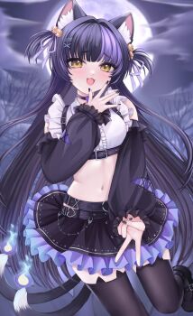 1girl absurdres animal_ear_fluff animal_ear_legwear animal_ears anya_nyabyss bell belt black_belt black_bow black_bowtie black_hair black_nails black_shoes black_skirt black_thighhighs bow bowtie cat_ear_legwear cat_ears center_frills cloud frilled_skirt frills full_moon hair_bell hair_ornament highres moon multicolored_hair multiple_tails navel night open_mouth phase_connect purple_hair shoes skirt solo stomach tail thighhighs two-tone_hair umich_uri virtual_youtuber yellow_eyes