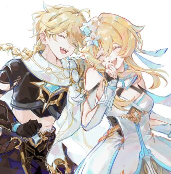 1boy 1girl aether_(genshin_impact) bare_shoulders black_gloves blonde_hair braid closed_eyes commentary_request crop_top detached_sleeves dress fingerless_gloves flower genshin_impact gloves gold_trim hair_between_eyes hair_flower hair_ornament highres inteyvat_flower_(genshin_impact) lumine_(genshin_impact) onu_un5 open_mouth scarf siblings teeth twins upper_teeth_only white_background white_dress white_scarf