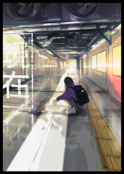 1girl absurdres backpack bag black_shoes brown_hair cat commentary condenser_unit facing_away from_side full_body highres industrial_pipe jacket light long_hair long_sleeves maeda_mic original own_hands_together purple_jacket scenery shoes sneakers socks solo squatting subway subway_station turtleneck turtleneck_jacket ventilator white_shoes wide_shot
