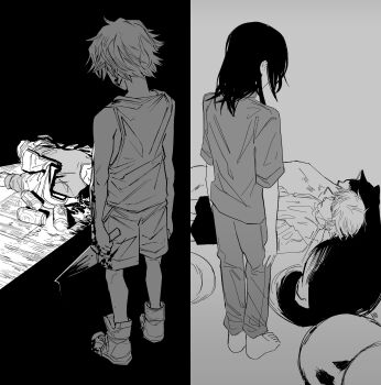 absurdres blood bloody_weapon can cat chainsaw_man denji_(chainsaw_man) dog greyscale heartbreak_juan highres holding holding_knife knife lying meowy_(chainsaw_man) monochrome nayuta_(chainsaw_man) on_back pajamas shoes shorts sleeping sneakers split_screen tank_top weapon