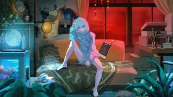 Rule 34 | 1girl, aqua eyes, arm up, bare legs, barefoot, commentary request, couch, curled horns, foot on couch, headphones, highres, horns, indie virtual youtuber, indoors, jacket, living room, medium hair, official art, on couch, red light, sakatsuki yakumo, scenery, sheep horns, shorts, sitting, solo, spread legs, track jacket, virtual youtuber, white hair, yangyang meimei