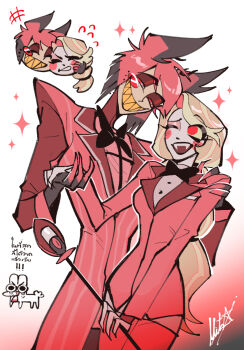 1boy 1girl alastor_(hazbin_hotel) artist_self-insert black_hair blonde_hair cane charlie_morningstar cheek-to-cheek chibi chibi_inset colored_sclera commentary_request evil_grin evil_smile formal_clothes grin hazbin_hotel heads_together height_difference hellaverse highres holding holding_cane holding_hands long_hair mit_k164 multicolored_hair red_eyes red_hair red_sclera red_suit sharp_teeth short_hair simple_background smile sparkle suit teeth thai_commentary thai_text translation_request yellow_sclera