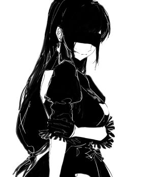 1girl 2b_(nier:automata) 2b_(nier:automata)_(cosplay) black_dress black_gloves black_hair blindfold breasts cleavage_cutout closed_mouth clothing_cutout company_connection cosplay dress facing_viewer feather-trimmed_sleeves ff-tj final_fantasy final_fantasy_vii final_fantasy_vii:_ever_crisis from_side gloves greyscale hand_on_own_arm hashtag-only_commentary highres large_breasts long_hair low-tied_long_hair monochrome nier:automata nier_(series) official_alternate_costume puffy_sleeves solo tifa_lockhart tifa_lockhart_(battler_ensemble) upper_body white_background