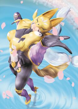 1girl absurdres arm_up armor belt black_belt black_bodysuit bodysuit breasts bridal_legwear cherry_blossoms cleavage commentary_request covered_collarbone covered_eyes dancing digimon digimon_(creature) digital_hazard facial_mark facing_viewer falling_petals floating_hair fox_mask full_body gloves grey_hair high_heels highres large_breasts lipstick long_hair low-tied_long_hair makeup manchi_kansuke mask parted_lips petals purple_lips purple_sleeves reflection sakuyamon see-through_cleavage see-through_clothes shoes shoulder_armor solo standing standing_on_liquid teeth tiptoes very_long_hair water yellow_armor yellow_shoes yin_yang yin_yang_print
