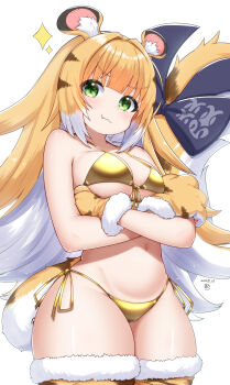 1girl :3 alternate_breast_size_(larger) animal_ear_fluff animal_ears animal_hands arms_under_breasts bare_shoulders bikini black_bow blonde_hair blush bow breasts closed_mouth colored_inner_hair cowboy_shot crossed_arms dot_nose fang fang_out front-tie_bikini_top front-tie_top fur-trimmed_gloves fur-trimmed_thighhighs fur_trim gloves gold_bikini green_eyes highres horokusa_(korai) ju_fufu large_bow loli long_hair looking_at_viewer medium_breasts multicolored_hair navel oppai_loli paw_gloves side-tie_bikini_bottom simple_background smile smug solo sparkle standing striped_fur striped_hair swimsuit tail tail_bow tail_ornament thighhighs tiger_ears tiger_girl tiger_tail very_long_hair white_background white_hair zenless_zone_zero zettai_ryouiki