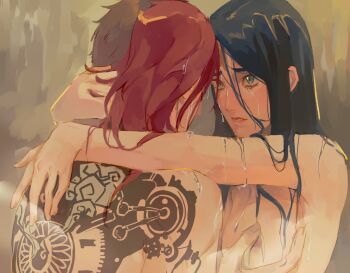 2girls arcane:_league_of_legends arcane_caitlyn arcane_vi arms_around_neck back_tattoo blue_eyes blue_hair breasts caitlyn_(league_of_legends) grabbing_another's_breast groping highres league_of_legends looking_at_another medium_breasts mmmeeaou multiple_girls nipples nude parted_lips red_hair tattoo undercut vi_(league_of_legends) wet wet_hair yuri