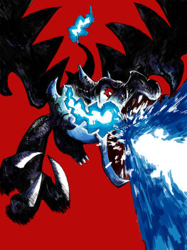 blue_fire breath_weapon breathing_fire bright_pupils charizard claws dragon dragon_wings fangs fire flame-tipped_tail gen_1_pokemon highres horns mega_charizard_x mega_pokemon nintendo no_humans open_mouth pokemon pokemon_(creature) pokemon_focus red_background red_eyes simple_background solo tail user_hmrm3822 white_pupils wings