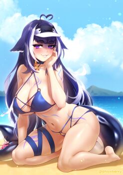 1girl absurdres ahoge animal_ears beach belt_collar bikini black_hair blue_bikini blue_collar body_markings breasts cat_ears cetacean_tail collar facial_mark fins fish_tail heart heart_ahoge highres indie_virtual_youtuber kneeling large_breasts long_hair looking_at_viewer multicolored_hair navel orca_girl phloxberry purple_eyes shylily shylily_(bikini) solo streaked_hair swimsuit tail thigh_strap virtual_youtuber visor_cap white_hair