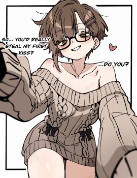 1girl asami-chan bare_shoulders black-framed_eyewear brown_eyes brown_hair brown_sweater collarbone commentary cross cross_necklace english_commentary english_text freckles glasses hair_ornament hairclip hairpin highres hozuki_asami_(asami-chan) jewelry looking_at_viewer naked_sweater necklace off-shoulder_sweater off_shoulder original ribbed_sweater short_hair smile solo sweater thighs white_background