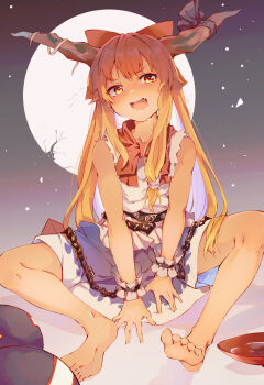 1girl bare_legs barefoot belt between_legs blue_ribbon blue_skirt blush bow broken_moon chain cuffs cup drunk frilled_cuffs frown full_moon glowing gourd hair_bow hair_ribbon hand_between_legs highres horn_ornament horn_ribbon horns ibuki_suika immaterial_and_missing_power indian_style long_hair moon multicolored_skirt neckerchief nose_blush oni orange_eyes orange_hair pyramid_(geometry) red_neckerchief ribbon sakazuki shackles shards shirt sidelocks sitting skirt sleeveless sleeveless_shirt solo spread_legs tamiku_(shisyamo609) torn_clothes torn_sleeves touhou tress_ribbon very_long_hair wavy_mouth white_ribbon white_shirt white_skirt wrist_cuffs