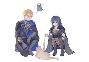 Rule 34 | 1boy, 1girl, animalization, black boots, black cape, blonde hair, blue cape, blue eyes, blue hair, boots, breasts, brown pantyhose, cape, cat, cing animate, closed mouth, commentary request, dimitri alexandre blaiddyd, female byleth (fire emblem), fire emblem, fire emblem: three houses, garreg mach monastery uniform, hair between eyes, highres, imagining, knee boots, kneeling, long sleeves, looking at animal, medium breasts, nintendo, pantyhose, side cape, smile, squatting