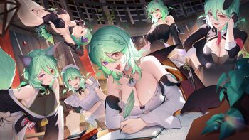 1girl absurdres alias_anono animal_ear_fluff animal_ears arms_behind_head bare_shoulders bell black_bow black_choker black_dress black_gloves book bookshelf bow braid breasts brown_eyes choker cleavage closed_eyes collar demon_girl demon_horns demon_tail demon_wings detached_sleeves dress fake_animal_ears gesugao gloves green_hair hair_behind_ear hair_between_eyes hand_on_own_hip highres holding holding_quill horns jewelry large_breasts maid maid_headdress medium_hair navel neck_bell necklace necktie night off-shoulder_dress off_shoulder open_book pearl_necklace plant playboy_bunny pubic_tattoo purple_eyes purple_horns quill rabbit_ears red_necktie see-through_cleavage see-through_clothes short_necktie smile tail tattoo twirling_hair v4mirai virtual_youtuber waltz_w_me white_collar window wings