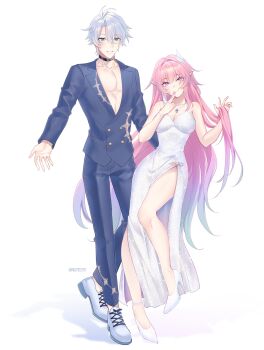 1boy 1girl absurdres ahoge alternate_costume bare_shoulders black_choker blue_eyes blue_hair blue_pants blue_shirt breasts choker cleavage commentary cyrene_(honkai:_star_rail) cyrene_(ripples_of_past_reverie)_(honkai:_star_rail) diamond-shaped_pupils diamond_(shape) dress gradient_hair hair_ornament high_heels highres honkai:_star_rail honkai_(series) jewelry large_breasts large_pectorals long_hair looking_at_viewer multicolored_hair necklace nsu1122701 open_clothes open_shirt pants pectorals phainon_(honkai:_star_rail) pink_hair pointy_ears purple_eyes shirt shoes short_hair simple_background smile symbol-only_commentary symbol-shaped_pupils very_long_hair white_background white_dress white_hair white_shoes
