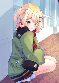 1girl blonde_hair blush center-flap_bangs closed_mouth commentary_request day flower gradient_hair green_eyes green_jacket hair_flower hair_ornament hairclip highres hiiro_yuya hololive jacket looking_at_viewer loose_socks medium_hair momosuzu_nene momosuzu_nene_(casual) multicolored_hair nail_polish official_alternate_costume official_alternate_hairstyle orange_nails outdoors pink_hair plaid_clothes plaid_scarf plaid_skirt red_scarf red_shoes red_skirt scarf shoes sidelocks skirt smile socks solo squatting three-quarter_sleeves turning_head twintails twitter_username virtual_youtuber watermark white_flower white_socks