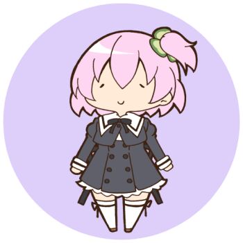 1girl arms_at_sides assault_lily black_ribbon black_skirt brown_shoes chibi closed_eyes closed_mouth clover commentary cropped_jacket facing_viewer four-leaf_clover full_body hair_between_eyes high-waist_skirt hitotsuyanagi_riri juliet_sleeves leg_ribbon long_sleeves lowres masaki_itsuki neck_ribbon one_side_up pink_hair puffy_sleeves purple_background ribbon round_image school_uniform shoes short_hair simple_background skirt smile solo standing symbol-only_commentary thigh_ribbon thighhighs transparent_background white_thighhighs yurigaoka_girls_academy_school_uniform zettai_ryouiki