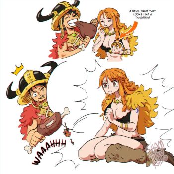 1boy 1girl alternate_costume alternate_hairstyle artist_name black_hair bone braid breasts brown_eyes capelet cleavage cleavage_cutout clothing_cutout crop_top devil_fruit eating english_text fake_horns food fruit fur-trimmed_capelet fur_capelet fur_trim giant giantess helmet highres horned_helmet horns jewelry leg_warmers long_hair meat midriff monkey_d._luffy nami_(one_piece) nami_(one_piece)_(elbaf) navel necklace official_alternate_costume official_alternate_hairstyle one_piece orange_hair red_capelet shampowrado size_difference surprised viking yellow_capelet