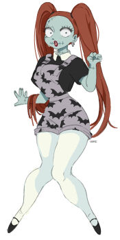 1girl absurdres alternate_costume colored_skin full_body highres long_hair looking_at_viewer open_mouth patchwork_skin pinstripe_pattern red_hair sally_(nbc) stitched_arm stitched_face stitches the_nightmare_before_christmas twintails ushimooshi