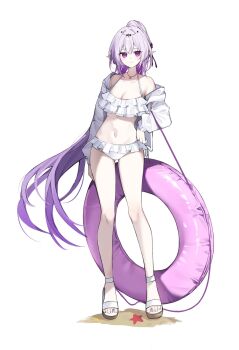 1girl alternate_costume bikini breasts castorice_(honkai:_star_rail) cleavage frilled_bikini frills full_body hair_ornament hashtag-only_commentary high_ponytail highres honkai:_star_rail honkai_(series) innertube jewelry kom376986 legs light_blush long_hair navel necklace off-shoulder_jacket off_shoulder pointy_ears ponytail purple_eyes ribbon sand starfish strappy_heels swim_ring swimsuit very_long_hair white_background