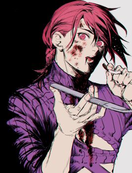1boy absurdres asymmetrical_bangs bad_source black_background blood blood_on_clothes blood_on_face braid cigarette clothing_cutout freckles highres holding holding_cigarette holding_knife jojo_no_kimyou_na_bouken knife looking_at_viewer male_focus medium_hair nose open_clothes pink_eyes pink_hair purple_sweater ribbed_sweater simple_background solo spotted_hair sweater turtleneck turtleneck_sweater two-tone_background upper_body vento_aureo vinegar_doppio white_background witchdetective