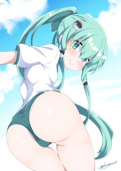 arm_out_of_frame ass bare_legs blush buruma cloud commentary_request copyright_request double_vertical_stripe green_buruma green_eyes green_hair gym_uniform hair_between_eyes hair_ornament hamiyun highres long_hair looking_at_viewer naughty_face outdoors signature smile thigh_gap twitter_username virtual_youtuber wedgie