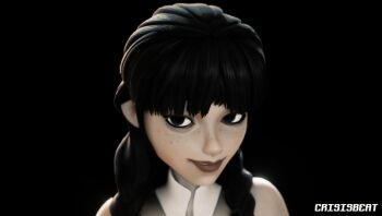 1boy 1girl 3d the_addams_family animated animated_gif black_hair braid crisisbeat deepthroat fellatio handjob hetero looking_at_viewer nipples nude oral pov twin_braids wednesday_(netflix) wednesday_addams