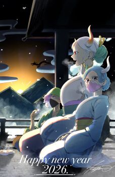 Rule 34 | 1boy, 2girls, breasts, commentary request, highres, huge breasts, japanese clothes, kimono, long hair, multiple girls, one piece, page one (one piece), size difference, smile, ulti (one piece), yamato (one piece)