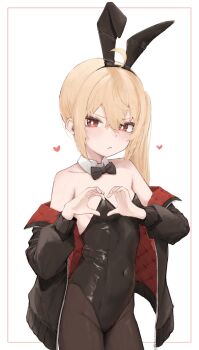 1girl ahoge alternate_costume animal_ear_hairband animal_ears bare_shoulders black_jacket black_leotard black_pantyhose blonde_hair breasts closed_mouth commentary covered_navel detached_collar english_commentary fake_animal_ears four-finger_heart_hands hair_between_eyes hairband heart heart_hands highres jacket leotard long_hair looking_at_viewer luciana_de_montefio nullkurage off_shoulder pantyhose playboy_bunny ponytail rabbit_ear_hairband rabbit_ears red_eyes side_ponytail small_breasts solo sparkling_eyes standing unzipped white_background zenless_zone_zero