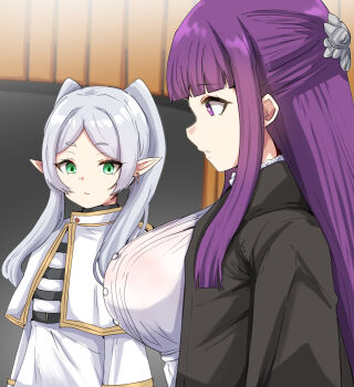 Rule 34 | 2girls, blunt bangs, breasts, capelet, closed mouth, dress, earrings, elf, fern (sousou no frieren), frieren, girl staring at guy's chest (meme), green eyes, grey hair, highres, jewelry, large breasts, long hair, looking at breasts, machismo fuji, meme, multiple girls, parted lips, pointy ears, purple eyes, purple hair, sidelocks, sousou no frieren, twintails, white capelet, white dress