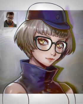Rule 34 | 1girl, bare shoulders, bespectacled, black-framed eyewear, blue dress, blue hat, blunt bangs, chapinor, closed mouth, dress, elizabeth (persona), glasses, gordon freeman, grey hair, half-life (series), hat, high collar, highres, looking at viewer, persona, persona 3, portrait, reference inset, short hair, yellow eyes