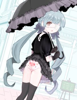 1girl :o accidental_exposure animal_print ass back-print_panties bad_id bad_pixiv_id black_choker black_dress black_thighhighs blunt_bangs blush_stickers bow braid brown_eyes chalkboard chalkboard_sign choker clothes_lift commentary_request commission criss-cross_back-straps cross-laced_clothes cross-laced_dress dog_panties dog_print dot_nose dress dutch_angle eyepatch feet_out_of_frame floral_print floral_print_panties flower_panties flower_print food_print frilled_choker frilled_dress frills fruit_print gothic_lolita grey_bow grey_hair hair_bow holding holding_umbrella lolita_fashion long_hair looking_back medical_eyepatch original panties pantyshot pixiv_commission print_panties sarada_(meaf3748) single_braid skirt skirt_lift standing strawberry_panties strawberry_print thighhighs twintails umbrella underwear very_long_hair white_background white_panties