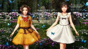 2girls 3d aerith_gainsborough aged_down animal artist_name bare_arms bare_legs black_bow black_hair blue_butterfly bow brown_hair bug butterfly child closed_mouth dress english_text female_focus final_fantasy final_fantasy_vii final_fantasy_vii_remake floating_clothes flower fountain grass green_eyes insect legs long_hair multiple_girls outdoors parted_bangs pink_bow pink_ribbon purple_flower red_bow red_eyes red_ribbon ribbon sailor_collar skirt smile square_enix standing tifa_lockhart water watermark web_address white_atelier white_dress white_flower wings