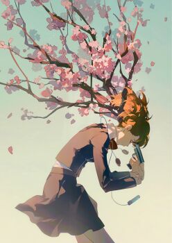 Rule 34 | black jacket, black skirt, branch, cherry blossoms, closed eyes, commentary request, digital walkman, earphones removed, evoker, gekkoukan high school uniform, gun, gun to head, highres, holding, holding gun, holding weapon, jacket, leaning forward, long sleeves, mp3 player, persona, persona 3, persona 3 portable, red hair, s.e.e.s, school uniform, shiomi kotone, shiosakana, shirt, skirt, symbolism, walkman nw-s203f, weapon, white shirt, wind