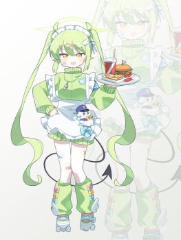 1girl apron bandaid bandaid_on_leg blue_archive blush burger commentary_request cup demon_tail food frilled_apron frills full_body green_hair green_jacket hair_ornament hairclip halo hand_on_own_hip highres holding holding_tray inline_skates jacket leg_warmers long_hair long_sleeves looking_at_viewer loose_socks maid maid_apron maid_headdress name_tag nozomi_(blue_archive) open_mouth plate pointy_ears roller_skates simple_background skates smile socks solo suisou0801 tail track_jacket tray twintails unconventional_maid very_long_hair whistle whistle_around_neck white_apron white_background wing_hair_ornament yellow_eyes zoom_layer