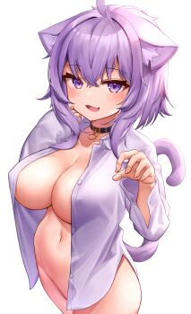 1girl :d ahoge animal_ear_fluff animal_ears blush breasts buckle cat_ears cat_girl cat_tail cleavage collar collared_shirt covered_erect_nipples cowboy_shot deaver dress_shirt fang groin hands_up highres hololive large_breasts long_sleeves looking_at_viewer naked_shirt nekomata_okayu nekomata_okayu_(oversized_shirt) no_bra no_panties open_mouth purple_eyes purple_hair purple_shirt shirt short_hair simple_background sleeves_past_wrists smile solo tail unbuttoned unbuttoned_shirt virtual_youtuber white_background