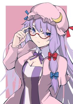 Rule 34 | 1girl, :t, absurdres, adjusting eyewear, bespectacled, blue bow, blue ribbon, bow, breasts, cleavage, closed mouth, commentary request, crescent, crescent hat ornament, dress, glasses, hair bow, hat, hat ornament, hat ribbon, highres, komori hiki16, long hair, looking at viewer, mob cap, patchouli knowledge, purple eyes, purple hair, red-framed eyewear, red bow, red ribbon, ribbon, simple background, solo, striped clothes, striped dress, touhou, vertical-striped clothes, vertical-striped dress, very long hair