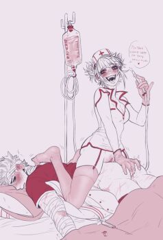 1boy 1girl anal_fingering ass bandaged_head bandages bed boku_no_hero_academia breasts clothes_pull earrings fangs female_pubic_hair femdom fingering girl_on_top gloves hat hetero highres hospital_bed jewelry legwear_garter male_penetrated midoriya_izuku nurse nurse_cap pants pants_pull pubic_hair pussy pussy_juice short_hair spacenipnops syringe teeth thighs toga_himiko unzipped