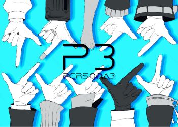 4girls 5boys aigis_(persona) amada_ken aragaki_shinjirou black_gloves blue_background commentary copyright_name dog drop_shadow everyone finger_gun gloves greyscale_with_colored_background hand_focus highres index_finger_raised iori_junpei kirijou_mitsuru koromaru_(persona) long_sleeves mechanical_hands multiple_boys multiple_girls out_of_frame persona persona_3 sanada_akihiko simple_background takeba_yukari xmrezos yamagishi_fuuka yuuki_makoto_(persona_3)